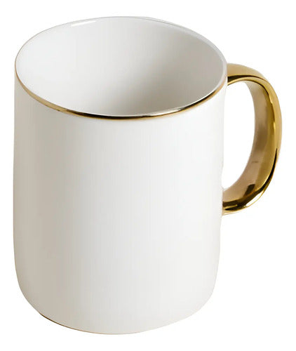 Mug Recto Cerámica 330ml Blanco Asa Y Borde Dorado Mishka