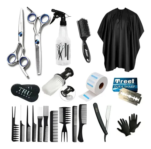 Kit de Barbería con Tijeras Capa Peines Navaja y Portatalco Plateado · 18194 · foto 01