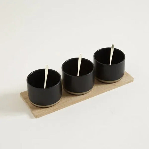 Set X3 Copetineros Oslo Porcelana Negra Base Bamboo Negro