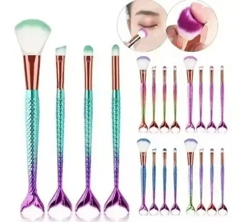 Set De 4 Brochas Para Maquillaje De Ojos Y Rostro Con Diseño Sirena Turquesa