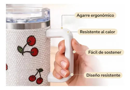 Vaso Térmico de Acero Inoxidable 1.2L Diseño Cerezas Negro · 16736 · foto 03