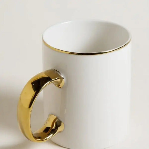 Mug Recto Cerámica 330ml Blanco Asa Y Borde Dorado Mishka