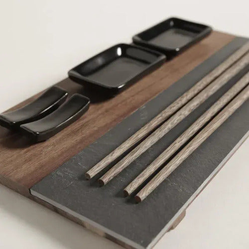 Set De Sushi Para 2 Con Palillos Y Dips De Madera Y Laja