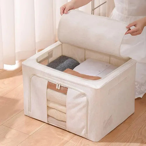 Caja Canasto Organizador Xl Con Cierre Organización Frazada Acolchado Beige Craco