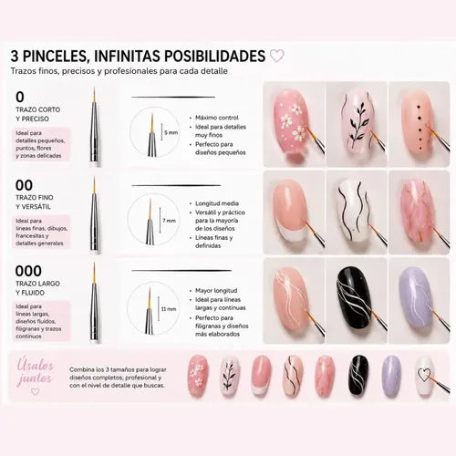 Set de 3 Pinceles Liner Cherimoya para Nail Art Tamaños 0 00 000 · 16696 · foto 02