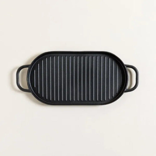 Plancha Bifera Fundición Oval 30 X 16,5 Cm Rayada Con Asas Negro