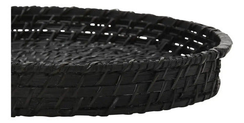Bandeja Redonda De Bamboo Y Rattan Negro Con Asas Trendy Corner Negro L