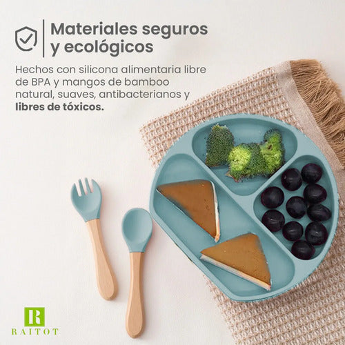 Set Cubiertos Alimentacion Bebe Silicona Plato Ventosas Color Celeste