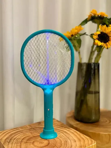 Raqueta Mata Mosquitos Moscas / Recargable + Cable Usb - 2 En 1 Con Funcion Trampa Turquesa