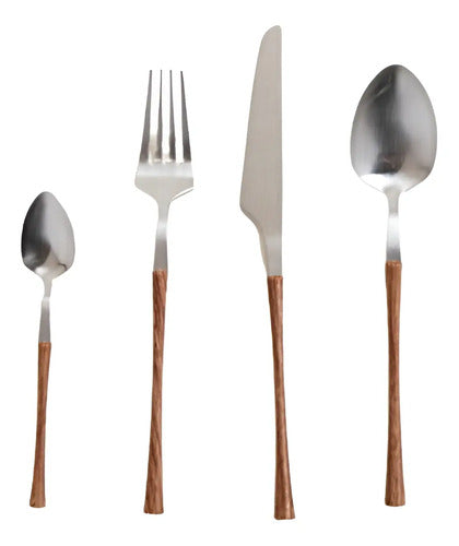 Set Cubiertos 16 Piezas Acero Inox Mango Símil Madera Slm Cong Marrón Claro