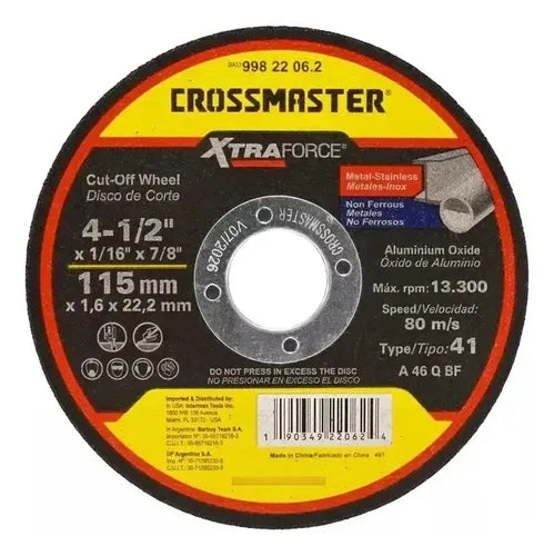 Discos De Corte Metal Crossmaster 115 X 1,6mm - 25 Unidades Negro