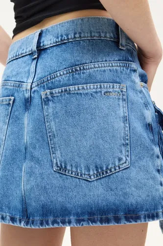 Pollera Mini Cargo Falda Jean Mujer Cher Mix Algodón Azul 24