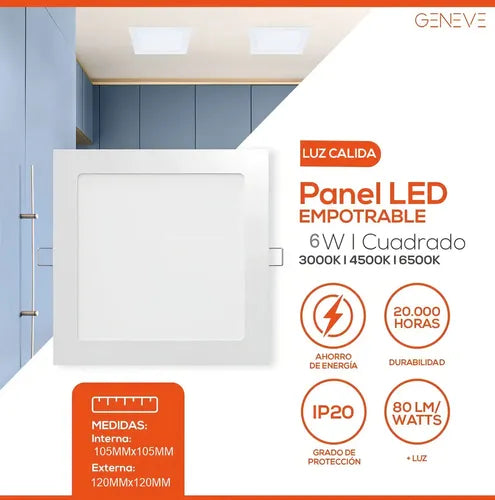Plafon Panel Led 6w Embutir Cuadrado Empotrar Flex Estructura Blanco Cálido