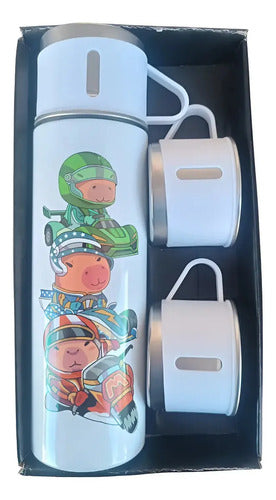 Termo de Acero Inoxidable Diseño Capibara 500ml con 3 Tazas Blanco · 16879 · foto 01