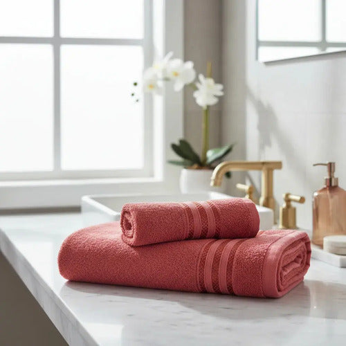 Set Toalla Y Toallon Monaco 420 Gr Kinoto Deco Baño Rojo