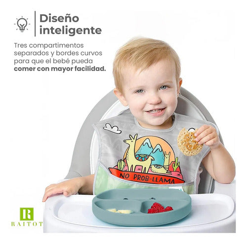 Set Cubiertos Alimentacion Bebe Silicona Plato Ventosas Color Celeste