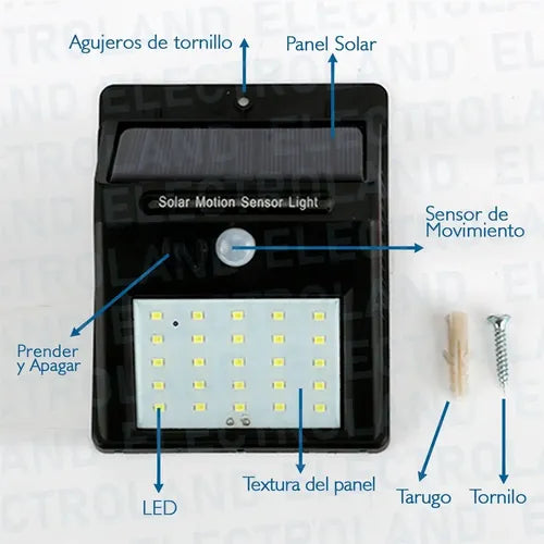 Reflector Solar Led Electroland 6w Exterior Ip65 Sensor Movimiento Luz Fría Negro Blanco Frío