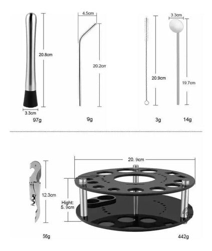 Kit Bartender Set Barman Tragos Coctelera Bebidas Acero Inoxidable Con Soporte Oruga Sorbetes Cuchara Jigger Medidor Pison Machacador Pico Vertedor Abridor Levys Bazar
