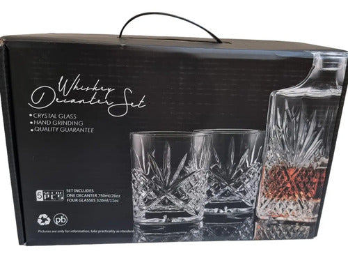Set 4 Vasos Tallados 350ml+botella P/ Whisky De Vidrio 750ml Color Transparente