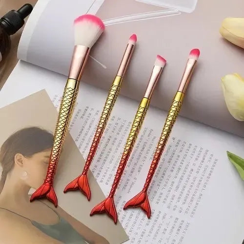 Set De 4 Brochas Para Maquillaje De Ojos Y Rostro Con Diseño Sirena Turquesa