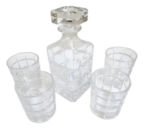 Set 4 Vasos Tallados 350ml+botella P/ Whisky De Vidrio 750ml Color Transparente