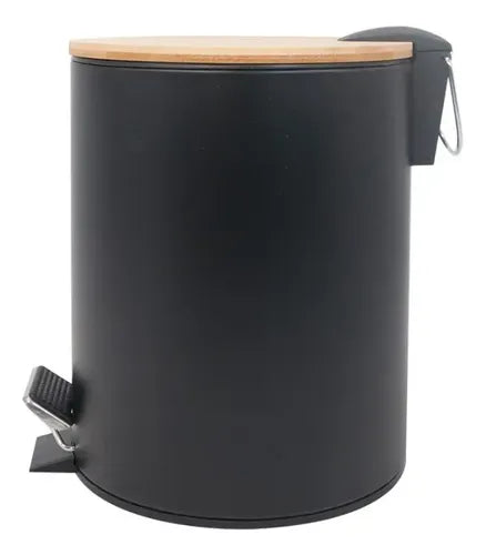 Cesto Tacho Basura Pedal 5 L Acero Bambú Negro Reacond.