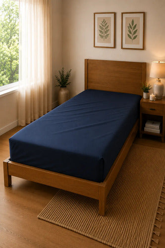 Sábana Ajustable 2 1/2 Plazas 100% Algodón Percal 150 Hilos Azul Marino · 15771 · foto 01
