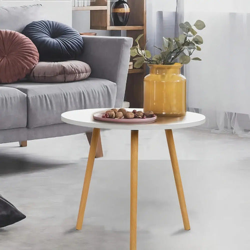 Mesa Auxiliar Ratona Jazak / Redonda / Blanca Nórdica / Patas Madera / Living Comedor Sala Café / Diseño Elegante / Moderna Minimalista / Mide 60x48cm / Mesa De Centro Arrime / Fácil Armado Blanco