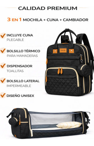 Mochila Bolso Maternal 3 en 1 con Cuna y Cambiador Negro Liso · 17771 · foto 05