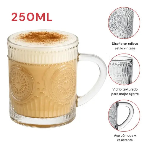 Set X2 Tazas Vidrio Labrado Arabesco 250 Ml Vajilla Vintage