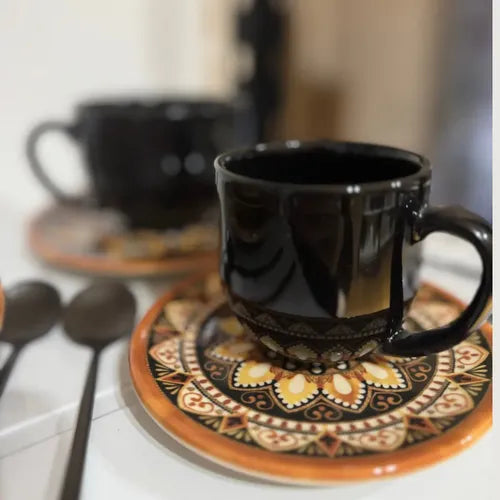 Set X6 Taza Café C/plato Cerámica Estampa Mandala 112ml Taza