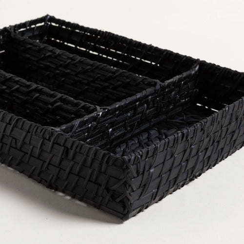 Cubiertero Bamboo Y Rattan Organizador Cubiertos 35 X 25 Cm Negro