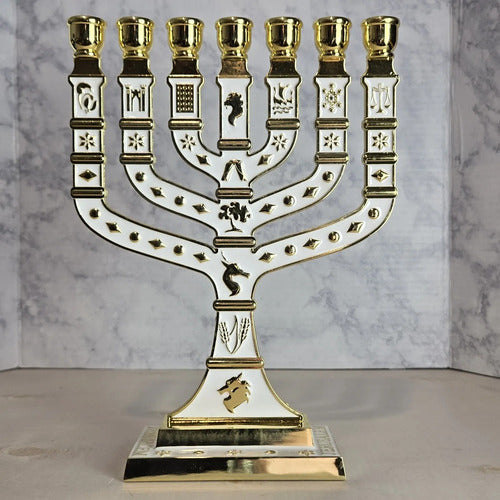 Menora De 7 Brazos Esmaltada Ateret Judaica Blanco 27 Cm Blanco