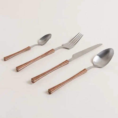 Set Cubiertos 16 Piezas Acero Inox Mango Símil Madera Slm Cong Marrón Claro