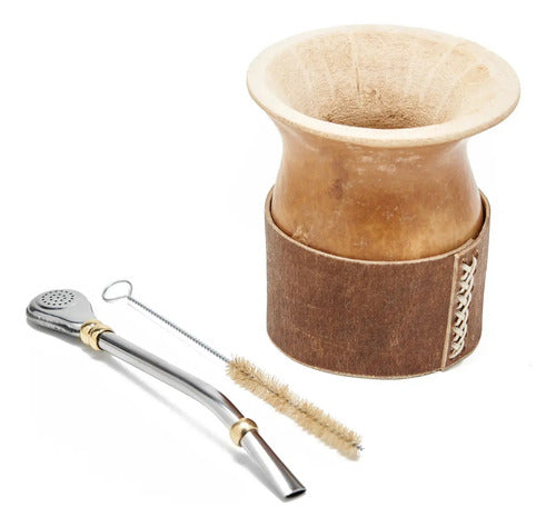 Mate Criollo Calabaza Pulida Base Bombilla Cepillo Cuero