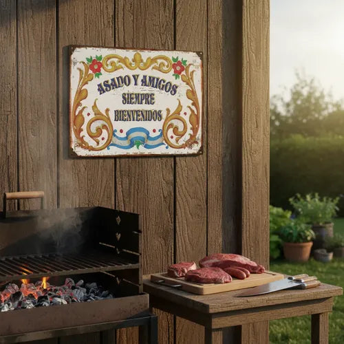 Cartel De Chapa Asado Y Amigos Siempre Bienvenidos Parrilla