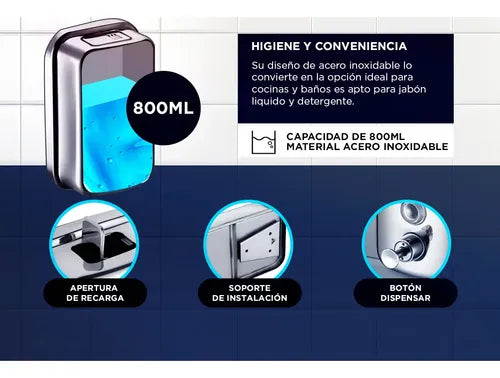Dispenser de Jabón Líquido Gadnic 800ml Baño Cocina de Pared Color Plateado · 18781 · foto 03