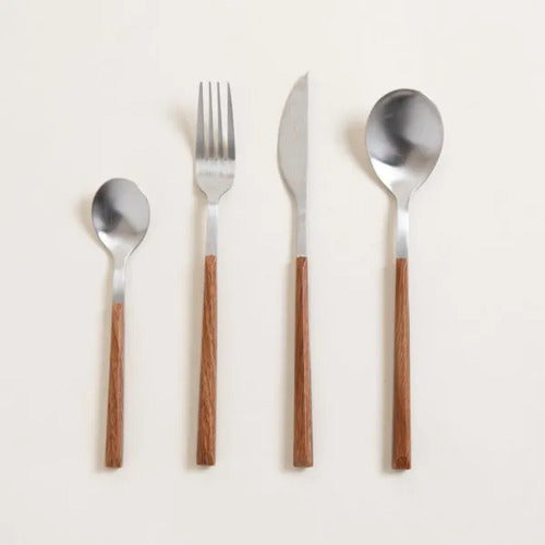 Set Cubiertos 16 Piezas Plateado Mango Símil Madera Lujo Plateado