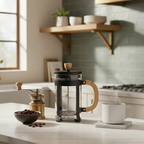 Cafetera Negra De Vidrio Y Bamboo Embolo Bambu 800cc Negro