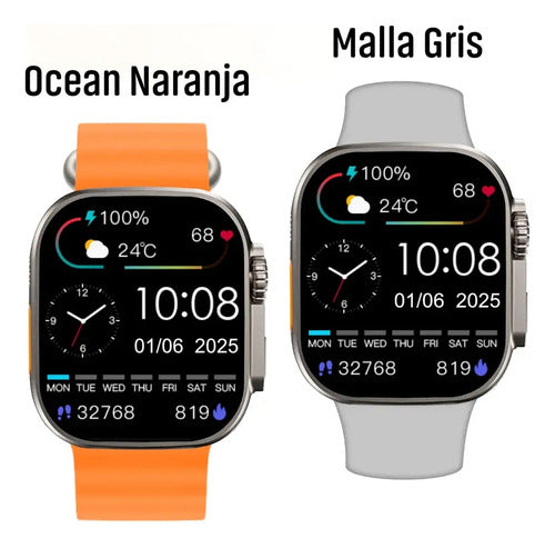 Smartwatch Technology Ultra Hombre Mujer Malla Extra Beige Deportiva Naranja Y Gris