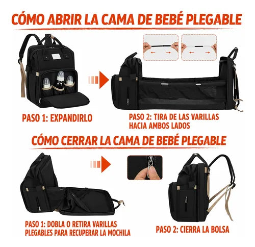 Mochila Bolso Maternal con Cambiador y Cuna 3 en 1 Liso Negro · 17335 · foto 03
