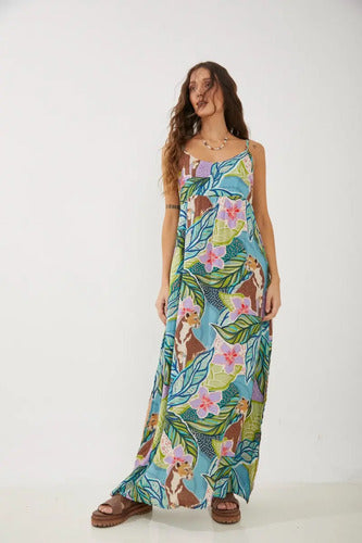 Vestido Largo Estampada Floreado Breteles Rimmel Verde