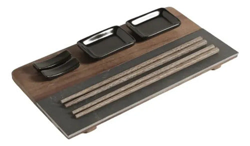 Set De Sushi Para 2 Con Palillos Y Dips De Madera Y Laja