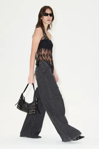 Jean Wide Leg Bota Manga Ancha Loose Mix Mujer Algodón Negro