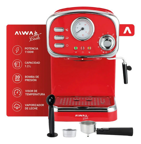 Cafetera Espresso Estilo Vintage Aiwa 1,25 L Con Vaporizador Color Rojo