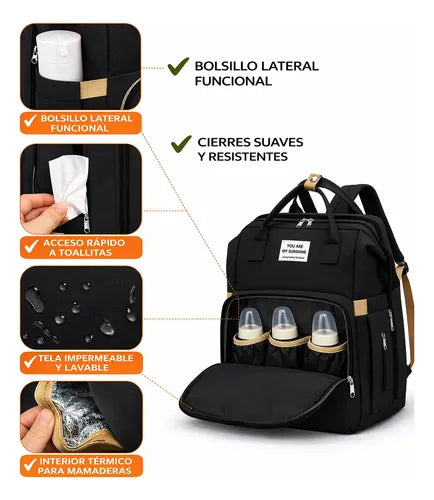 Mochila Bolso Maternal con Cambiador y Cuna 3 en 1 Liso Negro · 17335 · foto 04