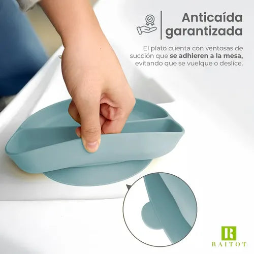 Set Cubiertos Alimentacion Bebe Silicona Plato Ventosas Color Celeste