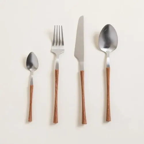 Set Cubiertos 16 Piezas Acero Inox Mango Símil Madera Slm Cong Marrón Claro
