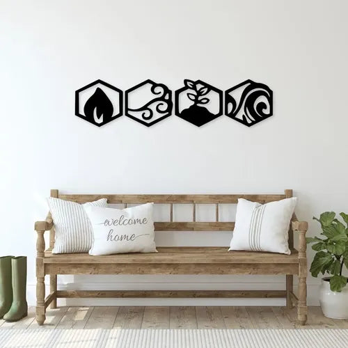 Cuadro Artesanal 4 Elementos Hexagonos Calado Mdf 20x80cm