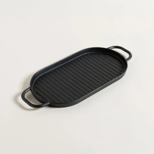 Plancha Bifera Fundición Oval 30 X 16,5 Cm Rayada Con Asas Negro